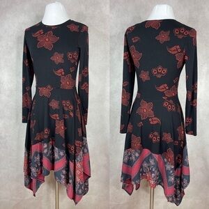 Desigual Asymmetric Boho Chicago Kerchief Black Red Dress Women's Size XXS
